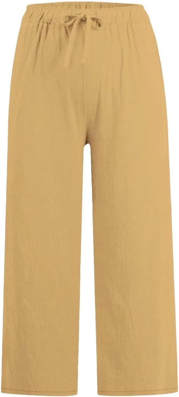Wide Leg Capris for Women Summer Casual Palazzo Pants Drawstring Elastic Waist Baggy Lightweight Beach Capri Trousers