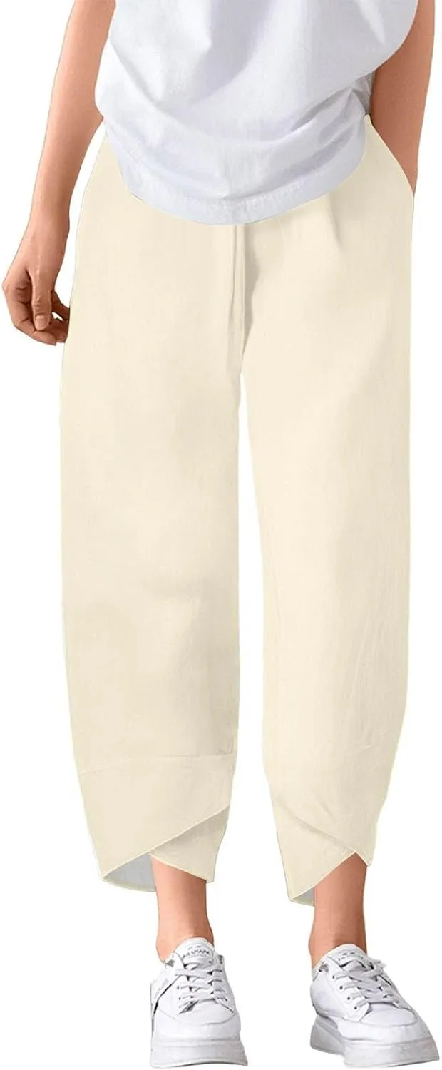 Wide Leg Linen Pants for Women Capri Summer Pants Palazzo Lounge Elastic Waist Cropped Beach Trousers with Pockets