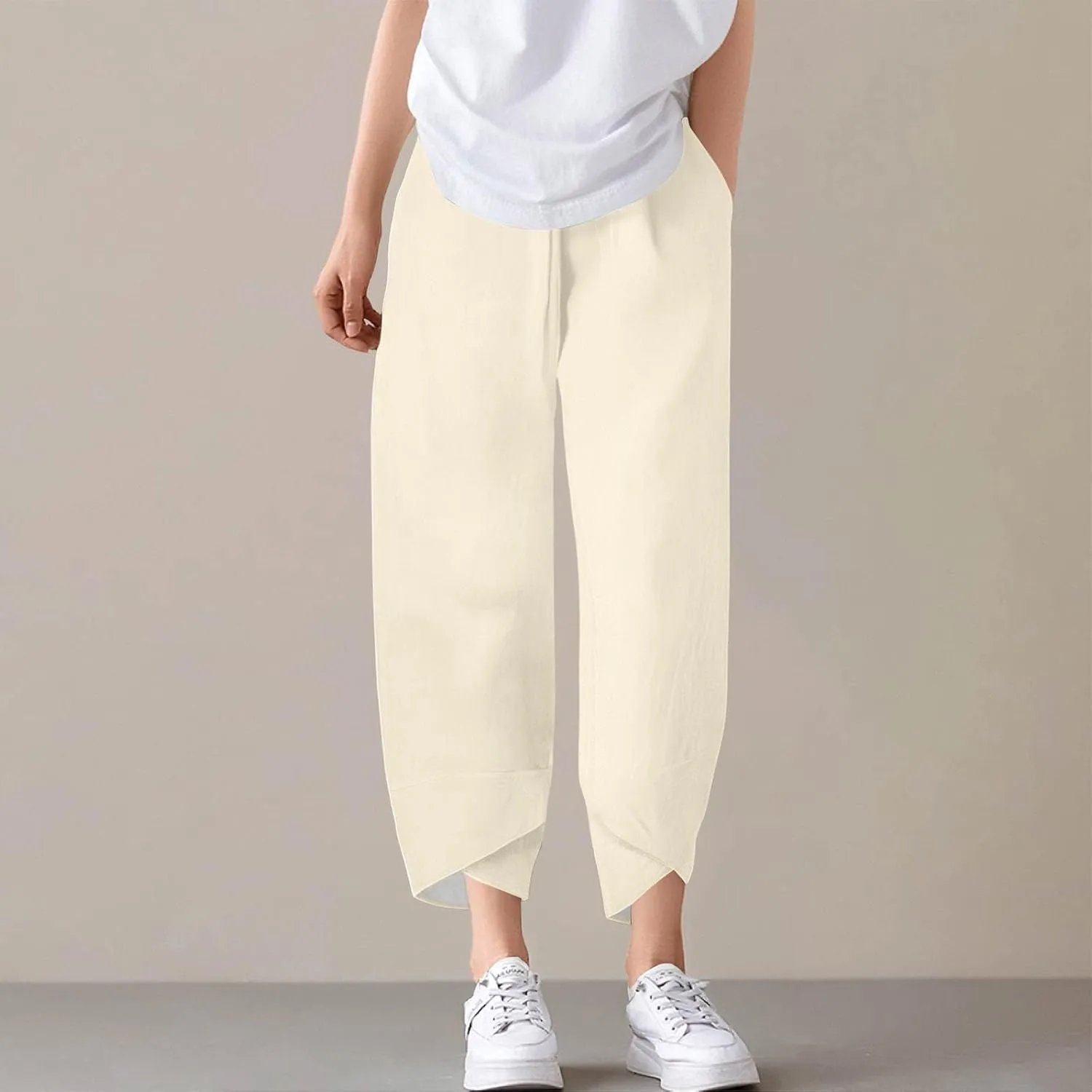 Wide Leg Linen Pants for Women Capri Summer Pants Palazzo Lounge Elastic Waist Cropped Beach Trousers with Pockets