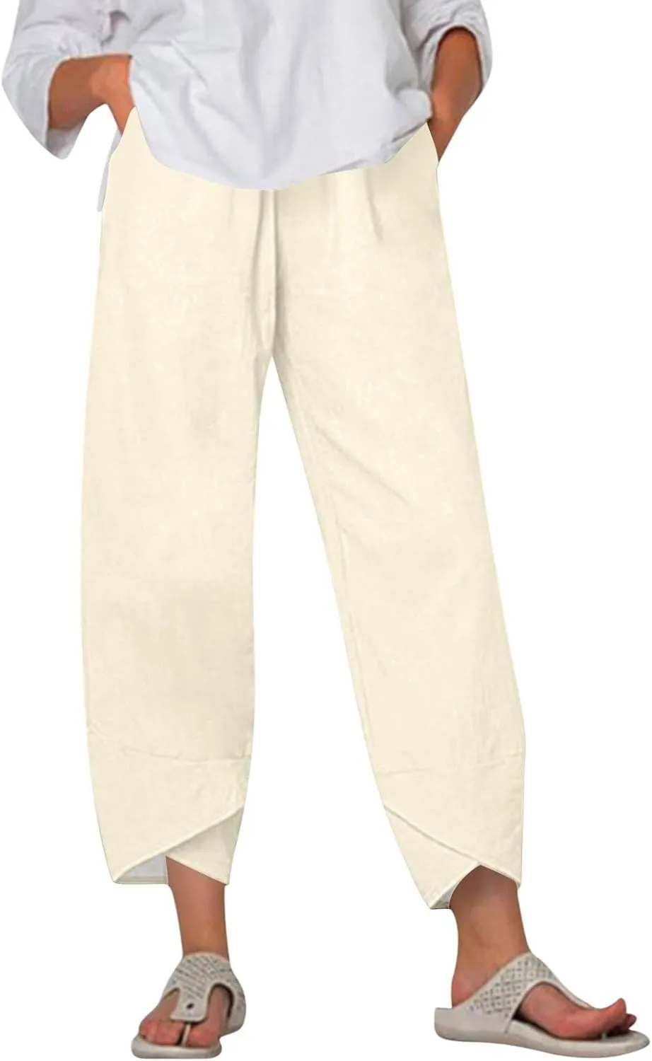 Wide Leg Linen Pants for Women Capri Summer Pants Palazzo Lounge Elastic Waist Cropped Beach Trousers with Pockets