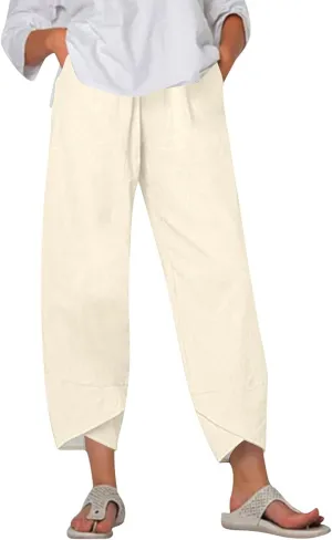 Wide Leg Linen Pants for Women Capri Summer Pants Palazzo Lounge Elastic Waist Cropped Beach Trousers with Pockets