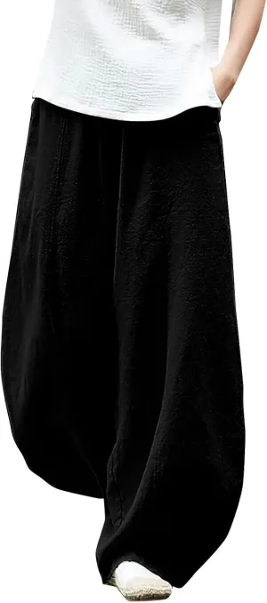 Wide Leg Linen Pants for Women Summer Baggy Japanese Style Palazzo Pants Boho Floral Lantern Trousers with Pockets
