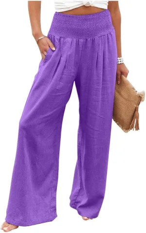 Wide Leg Pants for Women Linen Palazzo Pants Summer Boho High Waist Casual Lounge 2025 Beach Travel Vacation Pant