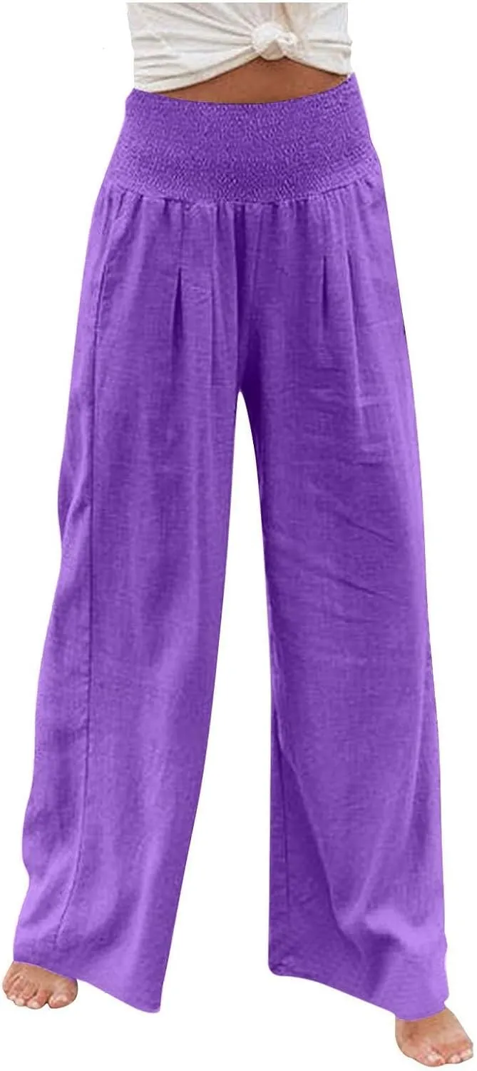 Wide Leg Pants for Women Linen Palazzo Pants Summer Boho High Waist Casual Lounge 2025 Beach Travel Vacation Pant