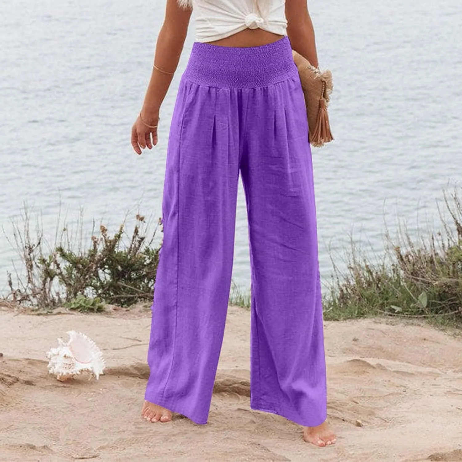 Wide Leg Pants for Women Linen Palazzo Pants Summer Boho High Waist Casual Lounge 2025 Beach Travel Vacation Pant