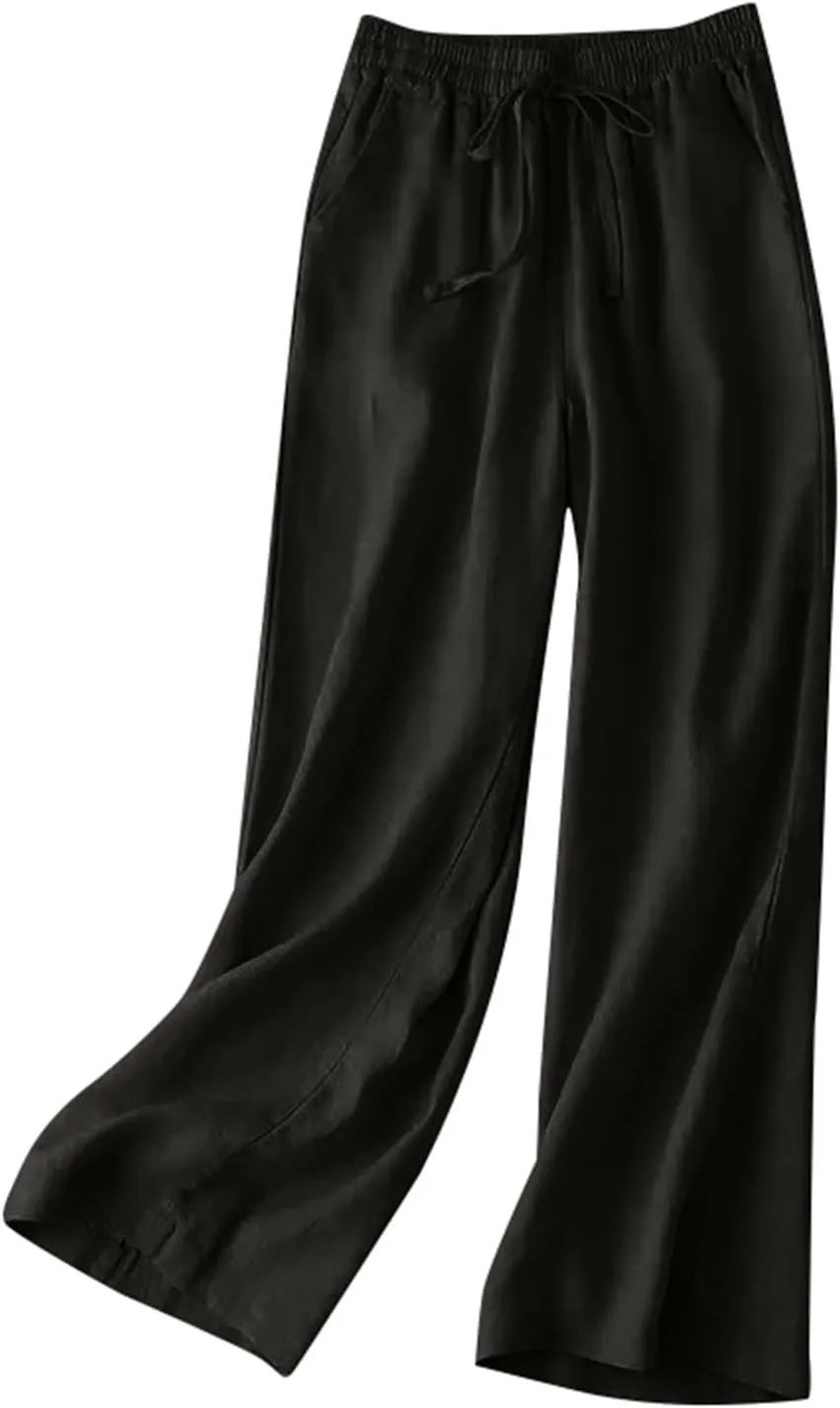Wide Leg Pants for Women, Straight Leg Drawstring Linen Pants Wide High