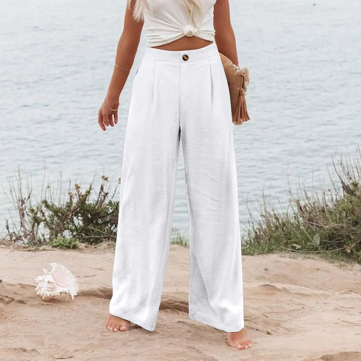 Wide Leg Pants for Women Summer High Waist Wear to Work Casual Trousers Loose Fit Straight Boho Palazzo Pants with Pockets