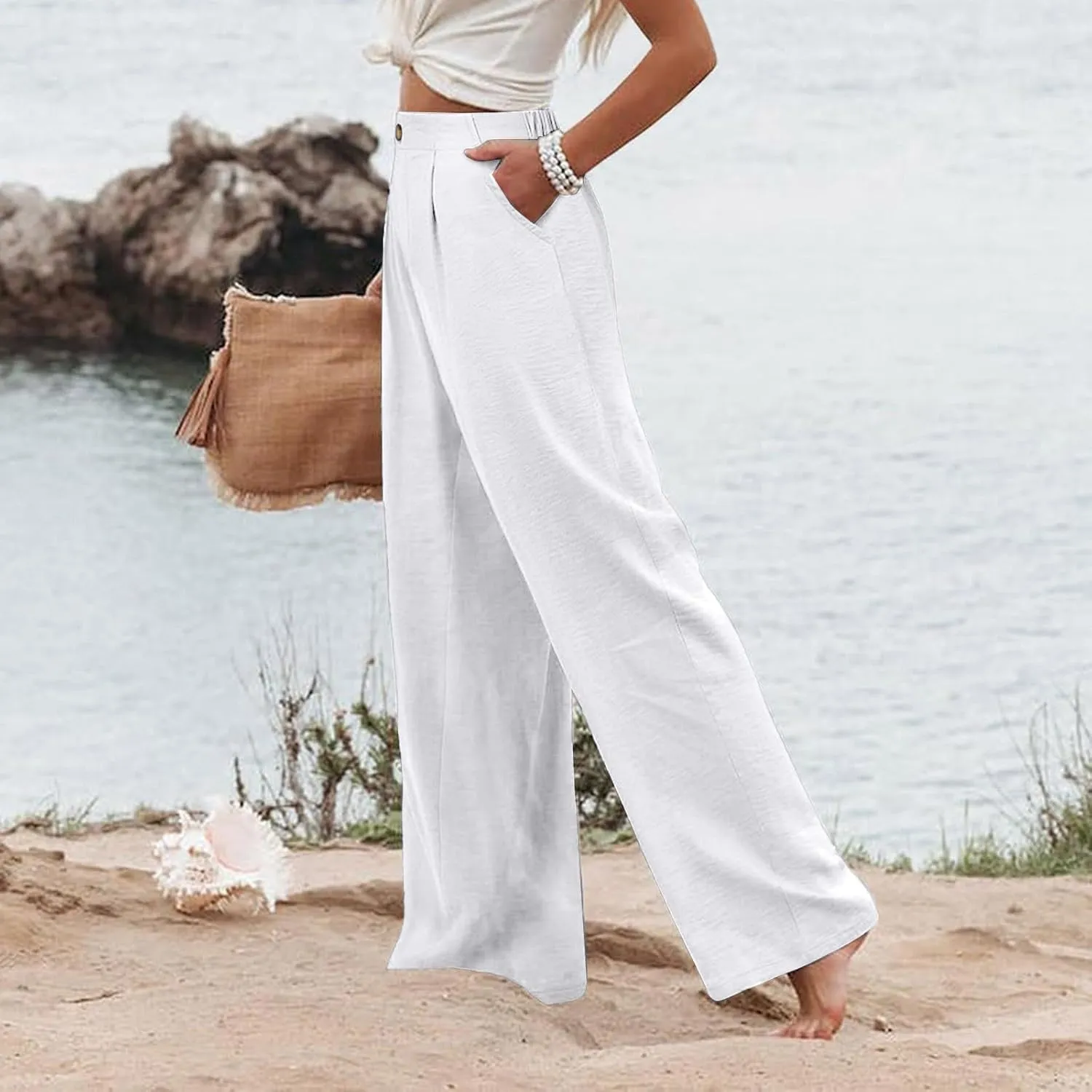 Wide Leg Pants for Women Summer High Waist Wear to Work Casual Trousers Loose Fit Straight Boho Palazzo Pants with Pockets
