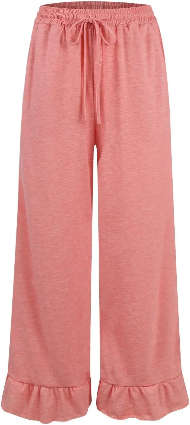 Wide Leg Pants Woman Drawstring High Waisted Ruffle Hem Palazzo Pants Casual Flowy Beach Pants Culottes with Pockets