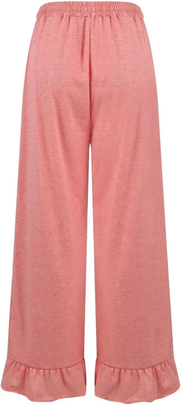 Wide Leg Pants Woman Drawstring High Waisted Ruffle Hem Palazzo Pants Casual Flowy Beach Pants Culottes with Pockets