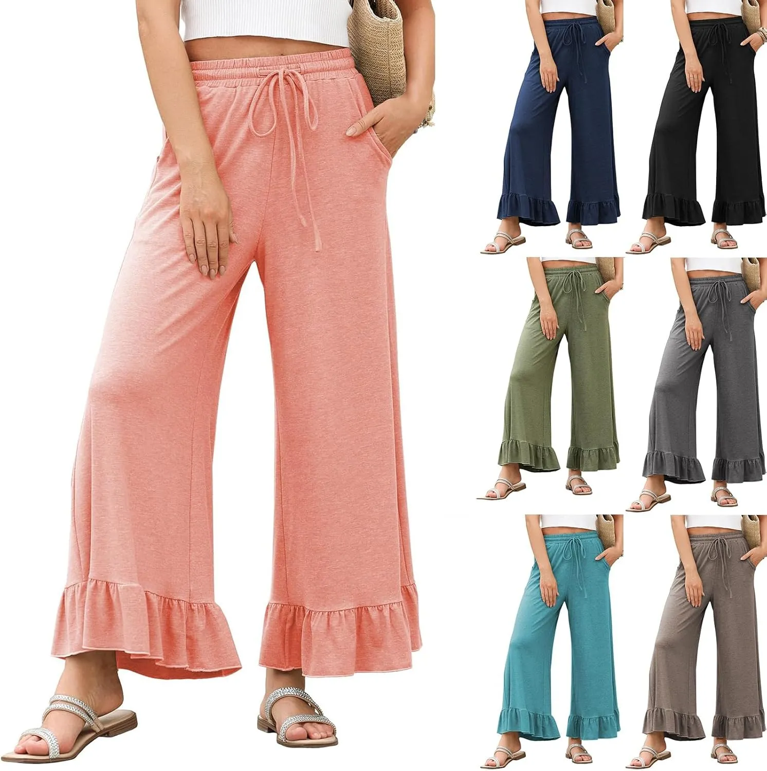 Wide Leg Pants Woman Drawstring High Waisted Ruffle Hem Palazzo Pants Casual Flowy Beach Pants Culottes with Pockets