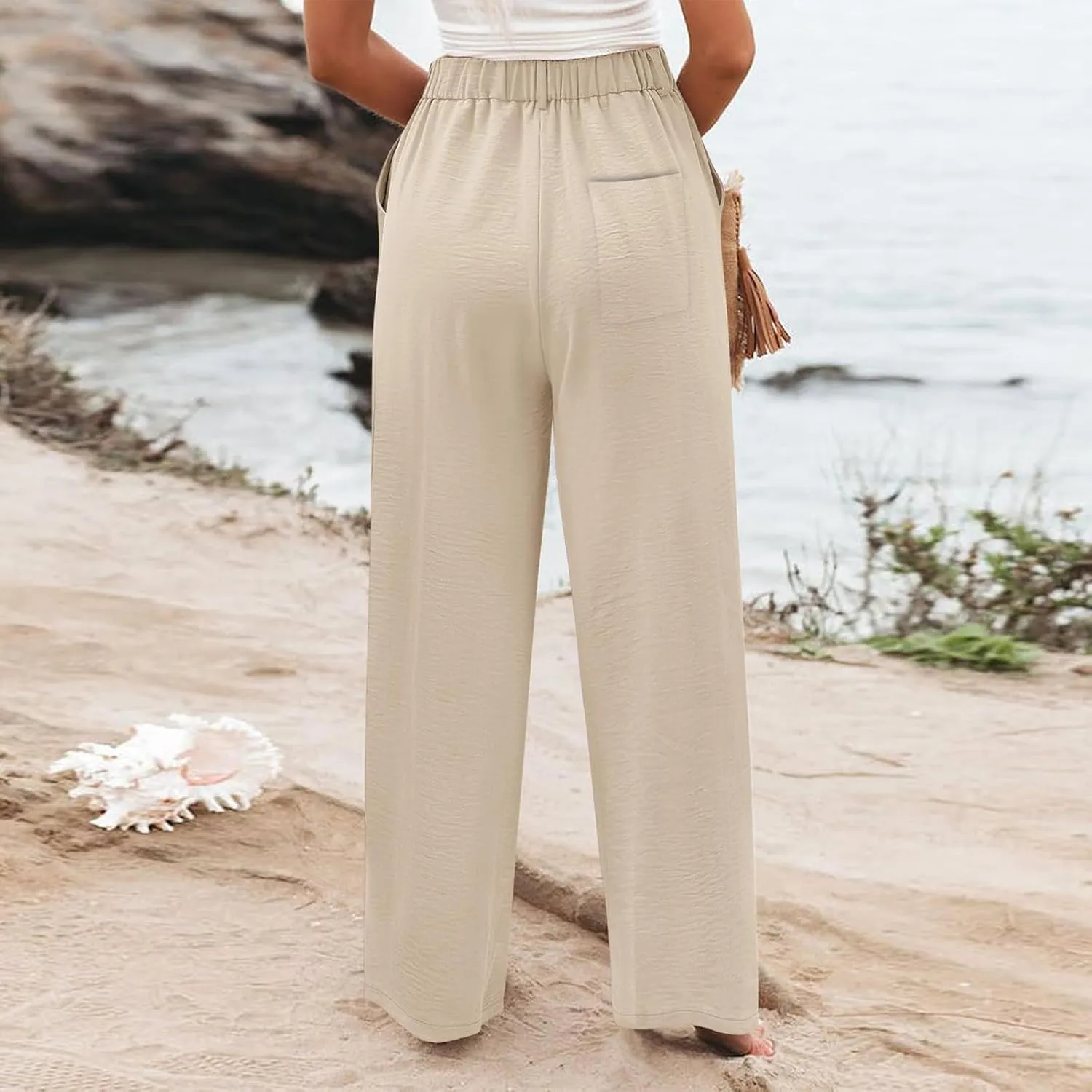 Wide Leg Pants Woman Summer High Waisted Dress Pants Trousers Lightweight Comfy Elastic Waist Pants with Pockets