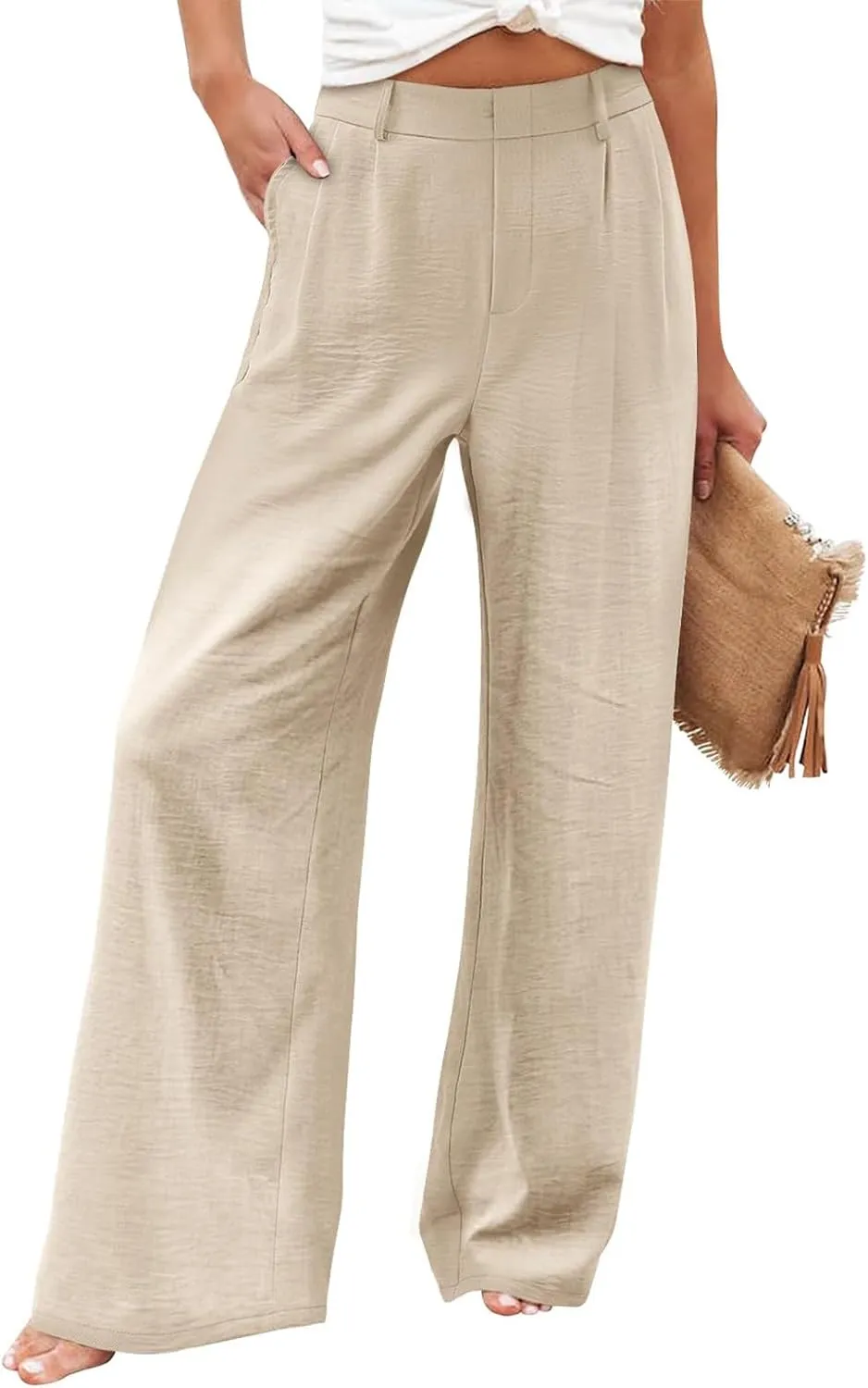 Wide Leg Pants Woman Summer High Waisted Dress Pants Trousers Lightweight Comfy Elastic Waist Pants with Pockets