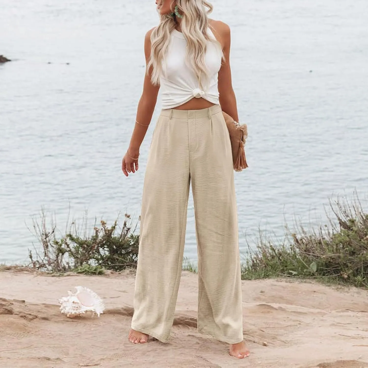Wide Leg Pants Woman Summer High Waisted Dress Pants Trousers Lightweight Comfy Elastic Waist Pants with Pockets