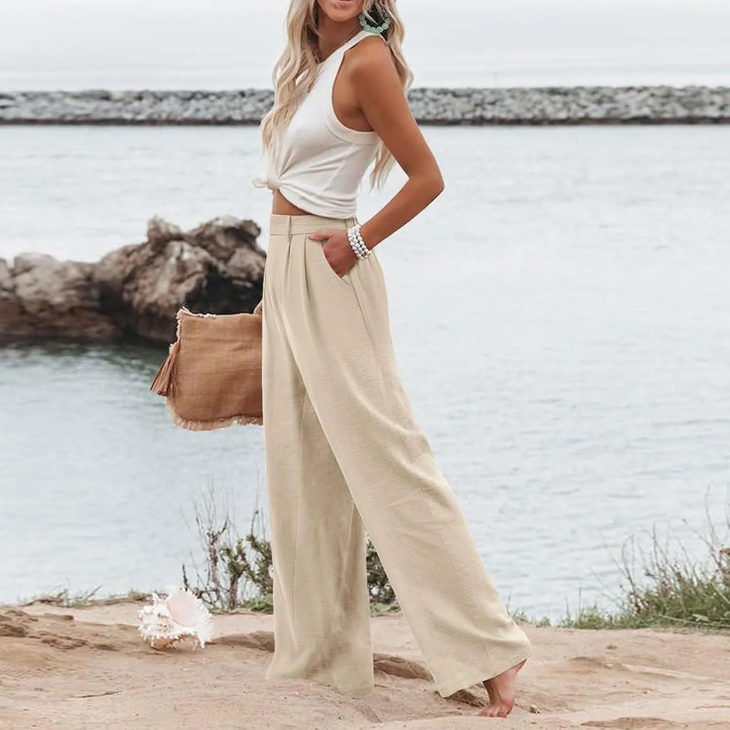 Wide Leg Pants Woman Summer High Waisted Dress Pants Trousers Lightweight Comfy Elastic Waist Pants with Pockets