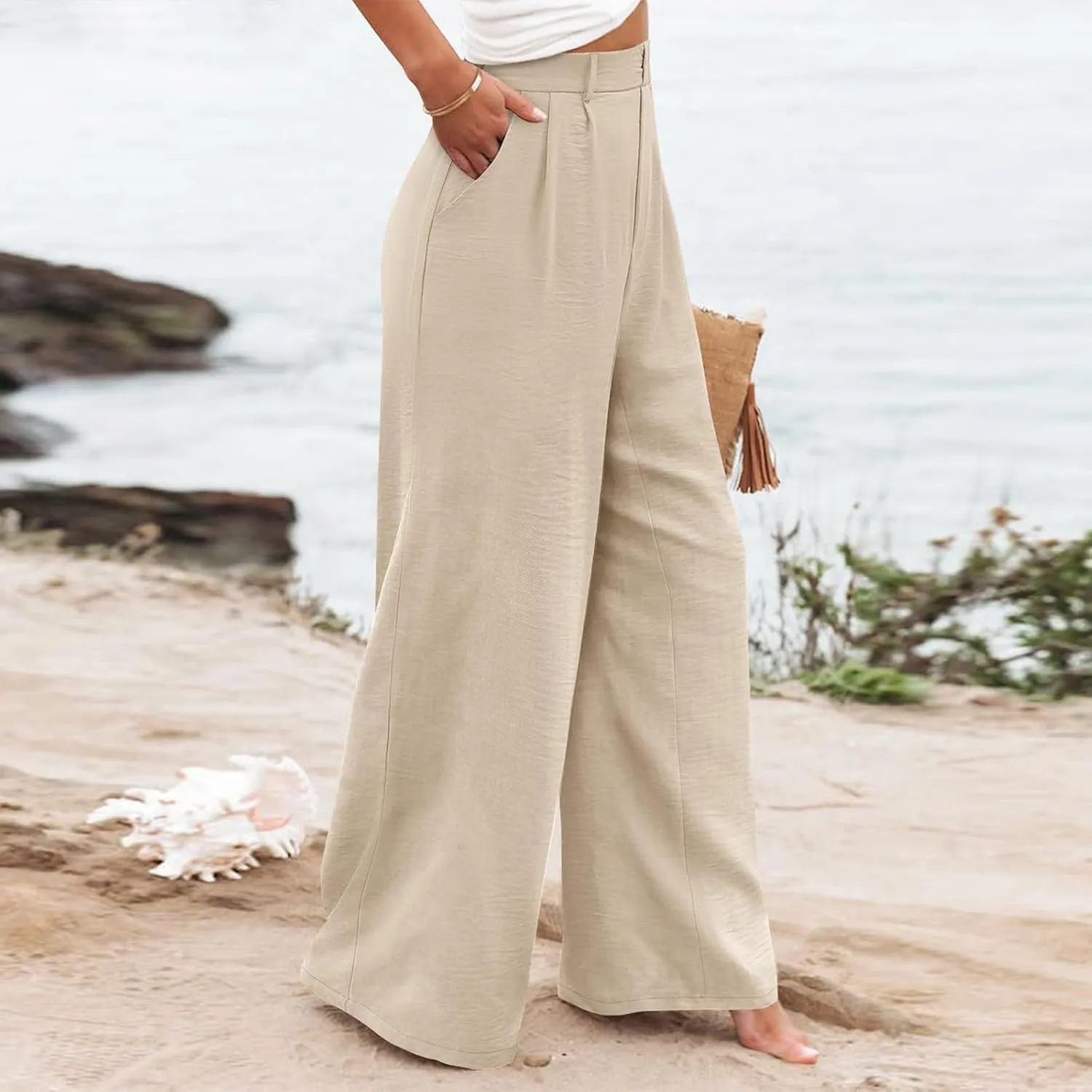 Wide Leg Pants Woman Summer High Waisted Dress Pants Trousers Lightweight Comfy Elastic Waist Pants with Pockets
