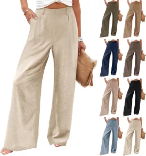 Wide Leg Pants Woman Summer High Waisted Dress Pants Trousers Lightweight Comfy Elastic Waist Pants with Pockets