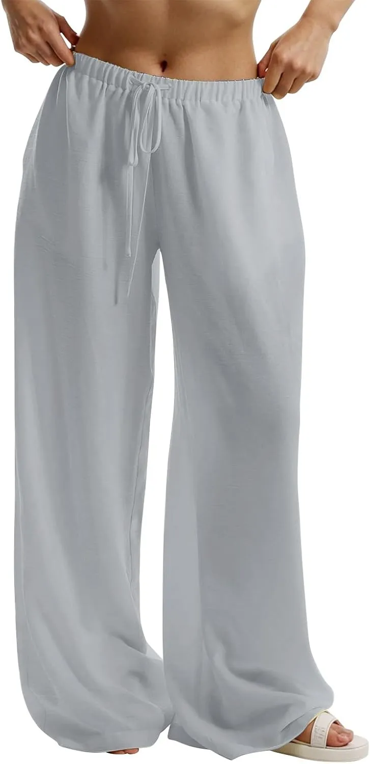 Wide Leg Pants Woman Summer Low Rise Drawstring Palazzo Pants Baggy Comfy Lightweight Boho Beach Trouser with Pockets