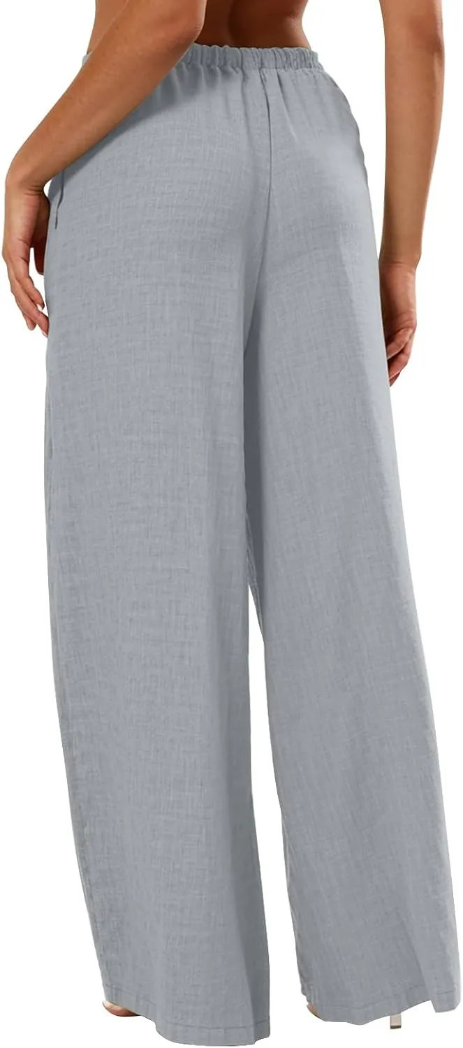 Wide Leg Pants Woman Summer Low Rise Drawstring Palazzo Pants Baggy Comfy Lightweight Boho Beach Trouser with Pockets