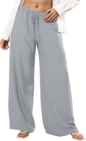 Wide Leg Pants Woman Summer Low Rise Drawstring Palazzo Pants Baggy Comfy Lightweight Boho Beach Trouser with Pockets