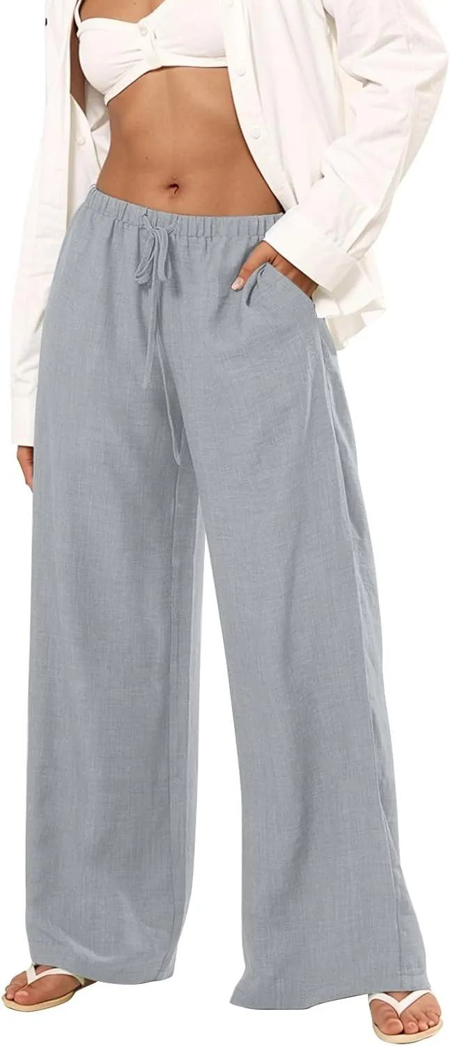 Wide Leg Pants Woman Summer Low Rise Drawstring Palazzo Pants Baggy Comfy Lightweight Boho Beach Trouser with Pockets