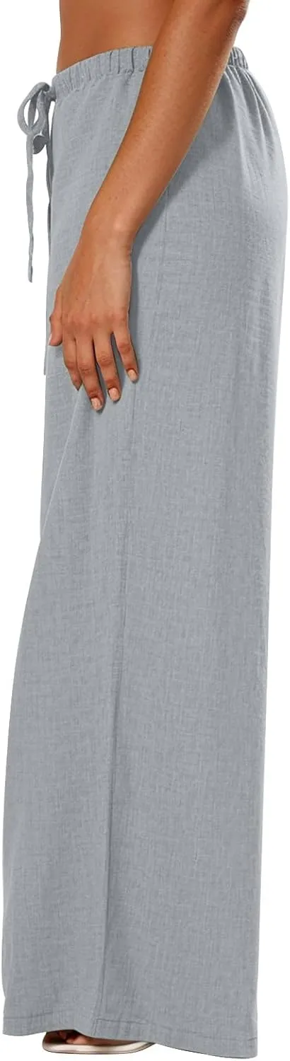 Wide Leg Pants Woman Summer Low Rise Drawstring Palazzo Pants Baggy Comfy Lightweight Boho Beach Trouser with Pockets