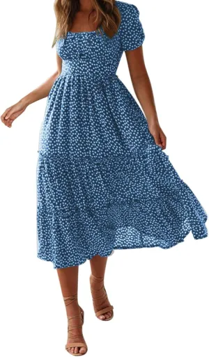 Women Boho Maxi Dress Crew-Neck Short Sleeve Empire Waist Summer Dress Smocked Floral Flowy Tiered Long Dress
