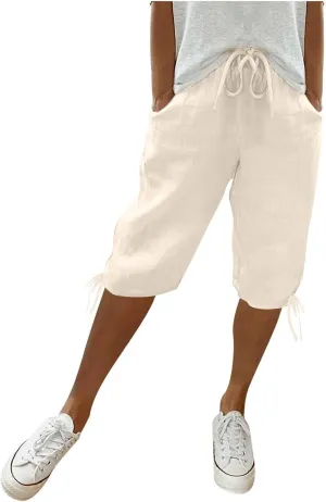 Women Capri Pants Dressy Cotton Linen Petite Short Cropped Plus Size Trousers for Summer Work Vacation Beach