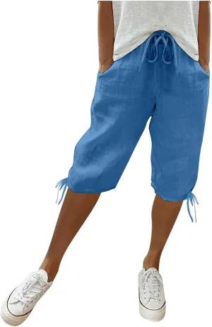 Women Capri Pants Dressy Cotton Linen Petite Short Cropped Plus Size Trousers for Summer Work Vacation Beach