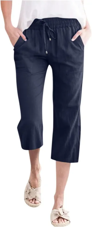 Women Capris Summer Cotton Linen Pants Casual Loose Lightweight Elastic Waisted Cropped Trouser Beach Pants