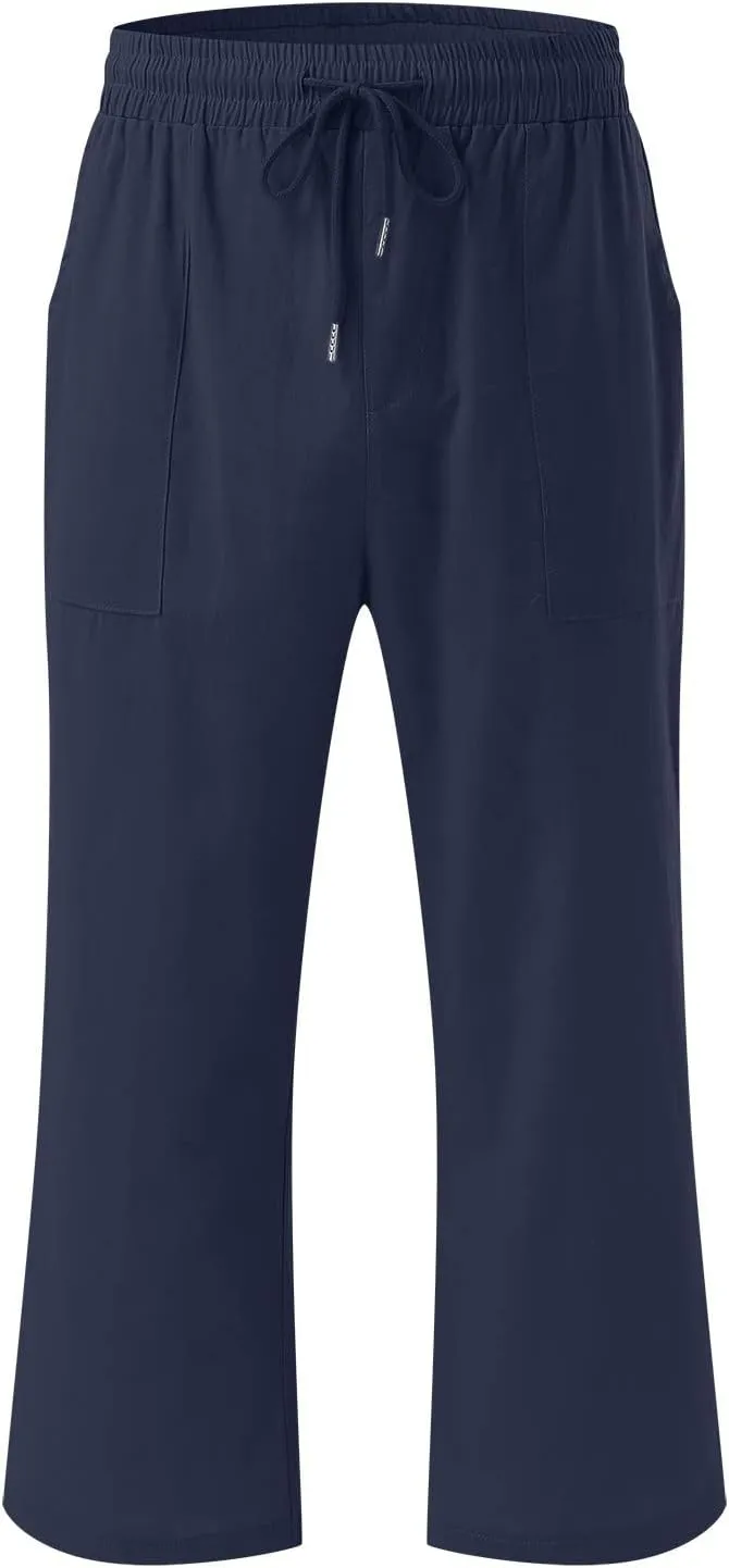 Women Capris Summer Cotton Linen Pants Casual Loose Lightweight Elastic Waisted Cropped Trouser Beach Pants