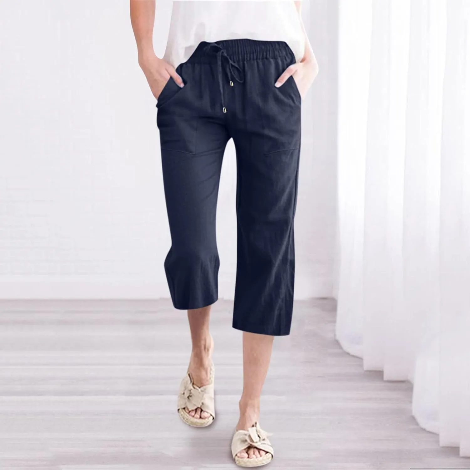 Women Capris Summer Cotton Linen Pants Casual Loose Lightweight Elastic Waisted Cropped Trouser Beach Pants