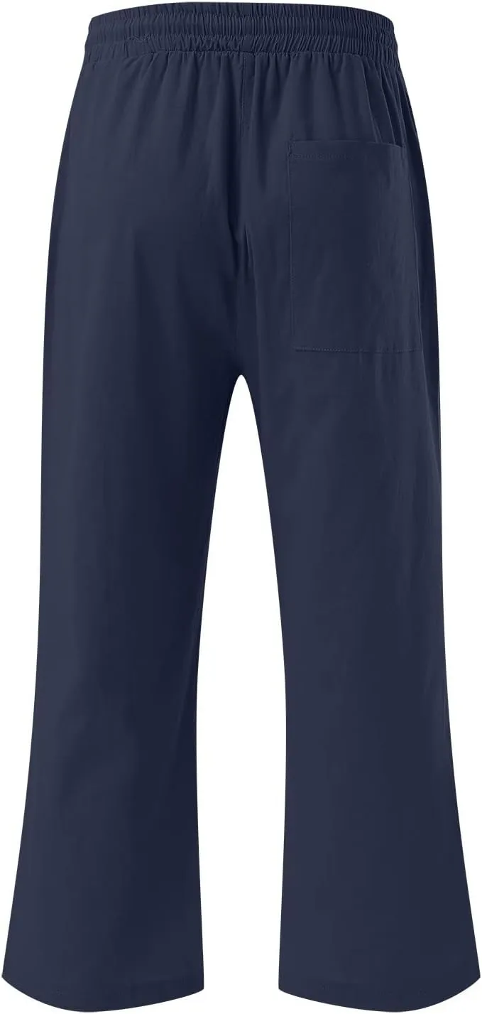 Women Capris Summer Cotton Linen Pants Casual Loose Lightweight Elastic Waisted Cropped Trouser Beach Pants