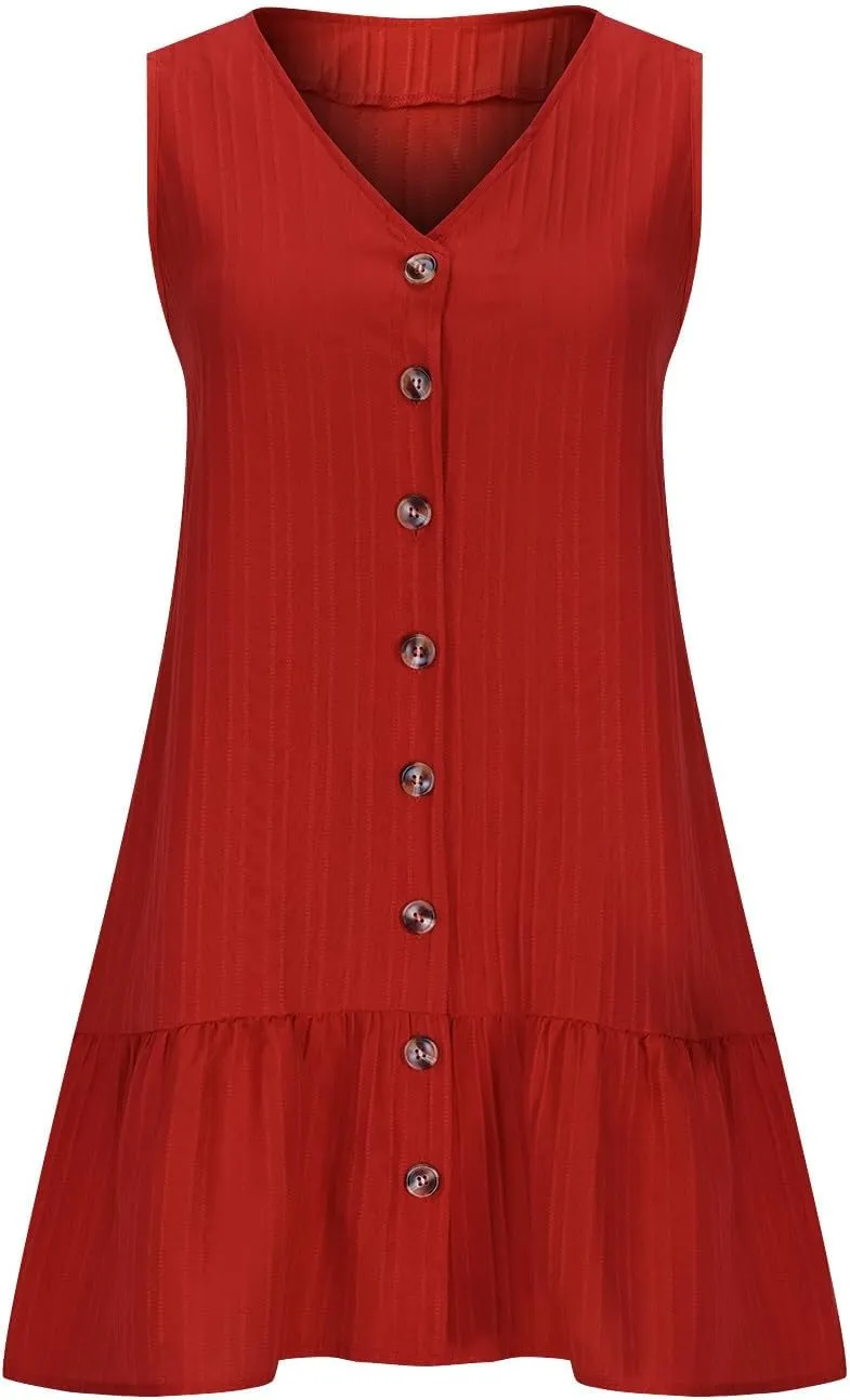 Women Casual Shirt Dresses Summer Sleeveless Button Down Mini Dress Cute V Neck Ruffle Loose Beach Tank Sundress