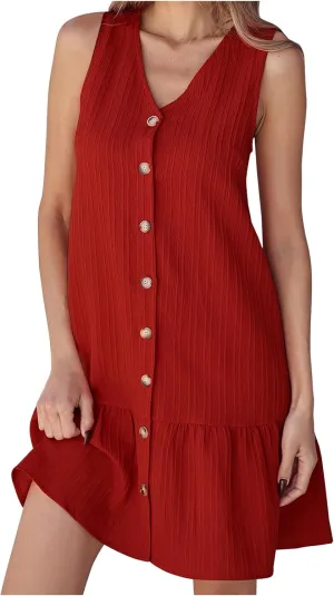 Women Casual Shirt Dresses Summer Sleeveless Button Down Mini Dress Cute V Neck Ruffle Loose Beach Tank Sundress