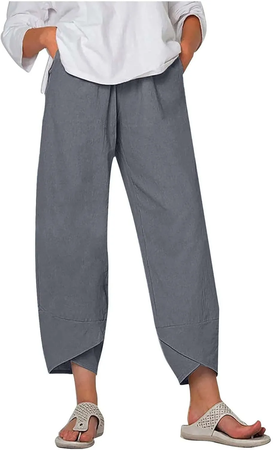 Women Cotton Linen Capris Pants Summer Plus Size Boho Pant Lightweight Hight Waist Linen Vacation Beach Trouser Pocket