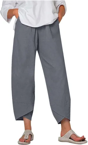 Women Cotton Linen Capris Pants Summer Plus Size Boho Pant Lightweight Hight Waist Linen Vacation Beach Trouser Pocket