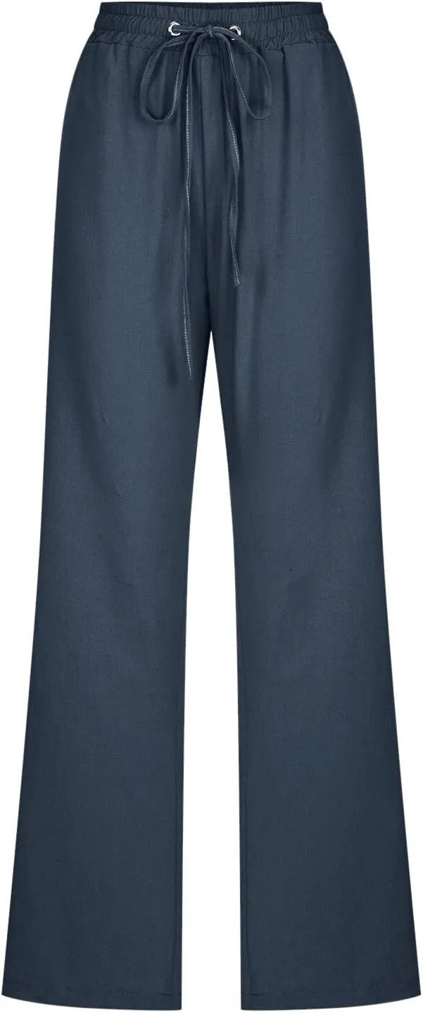 Women High Waisted Wide Leg Pants Casual Drawstring Elastic Trousers Comfy Straight Leg Long Pants with Pockets Casual