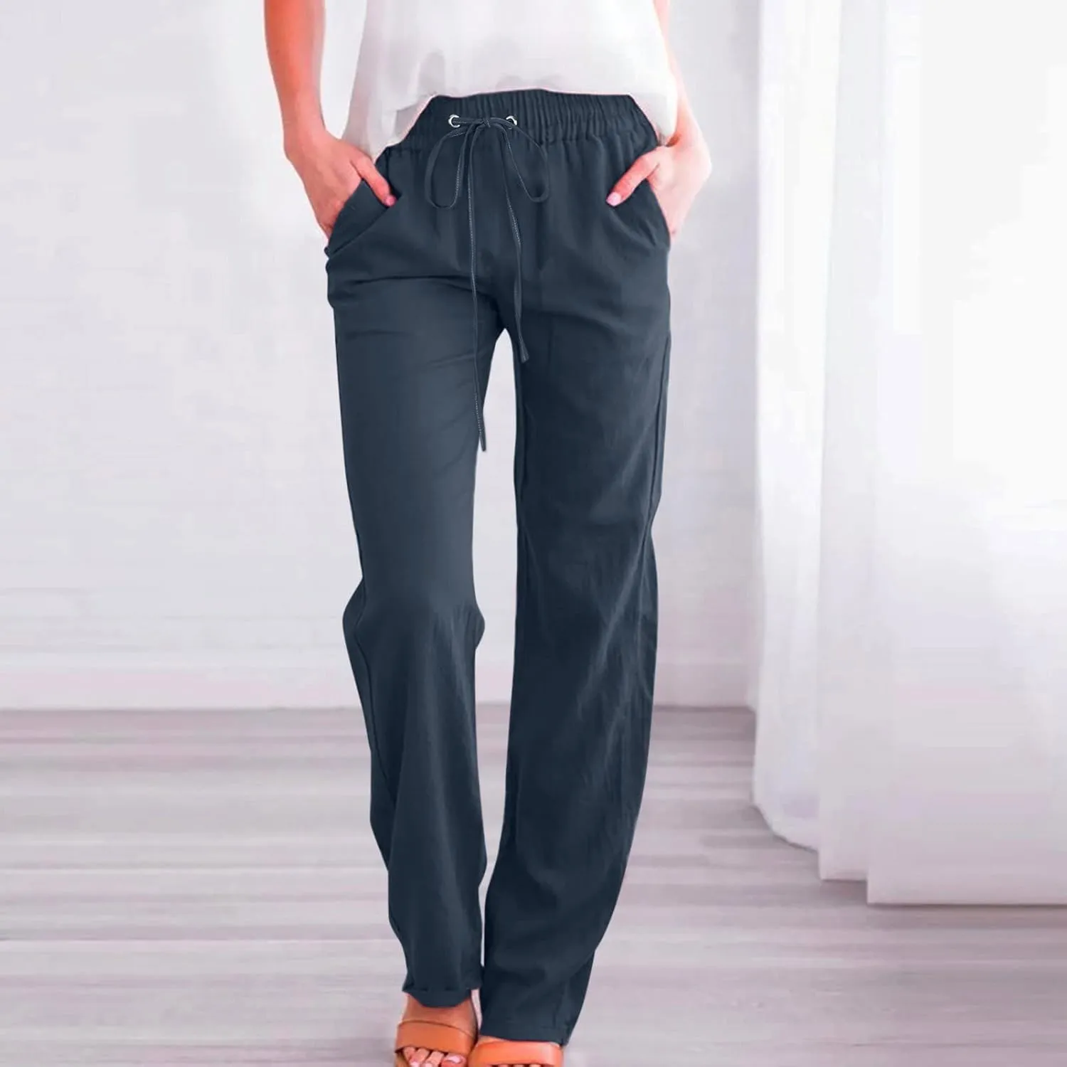Women High Waisted Wide Leg Pants Casual Drawstring Elastic Trousers Comfy Straight Leg Long Pants with Pockets Casual