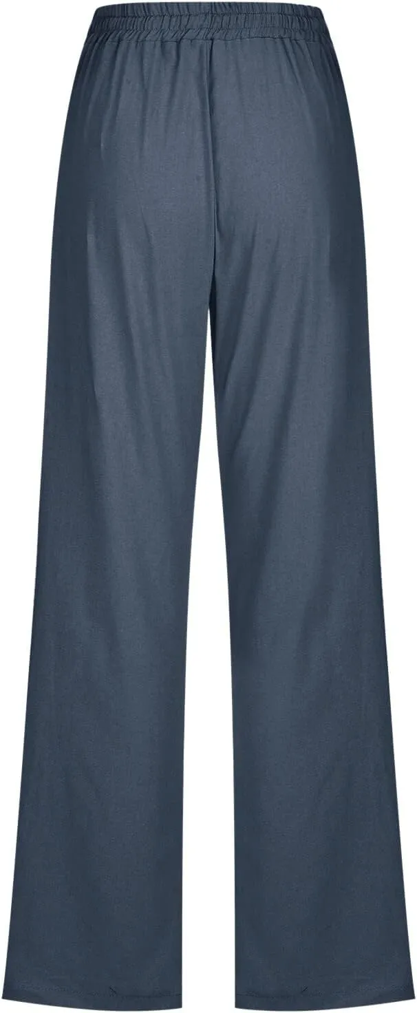 Women High Waisted Wide Leg Pants Casual Drawstring Elastic Trousers Comfy Straight Leg Long Pants with Pockets Casual