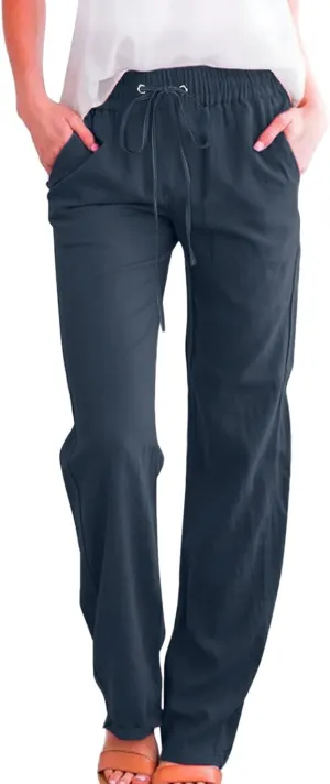 Women High Waisted Wide Leg Pants Casual Drawstring Elastic Trousers Comfy Straight Leg Long Pants with Pockets Casual