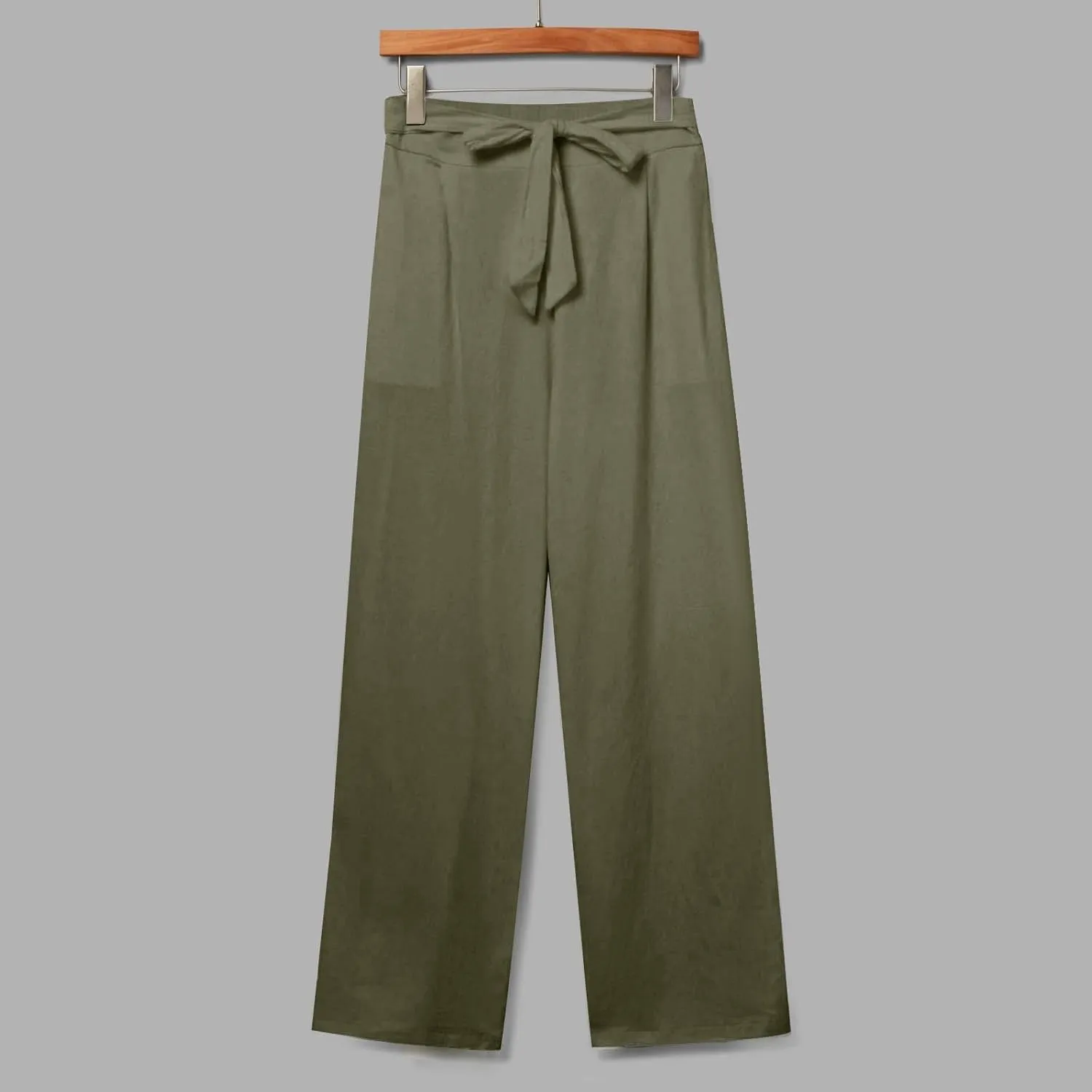 Women Linen Cotton Casual Pants Palazzo Drawstring Pockets Elastic Waist Wide Straight Leg Loose Long Slacks Trousers