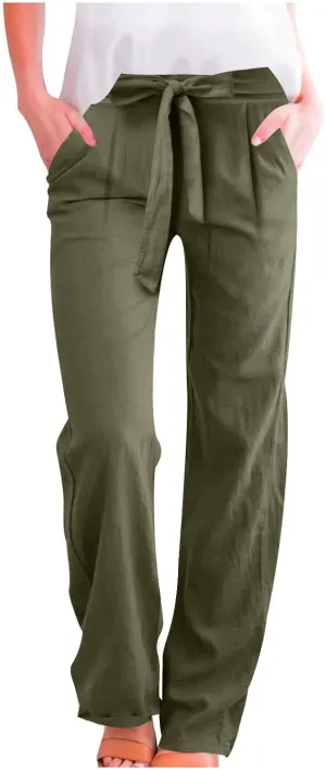 Women Linen Cotton Casual Pants Palazzo Drawstring Pockets Elastic Waist Wide Straight Leg Loose Long Slacks Trousers