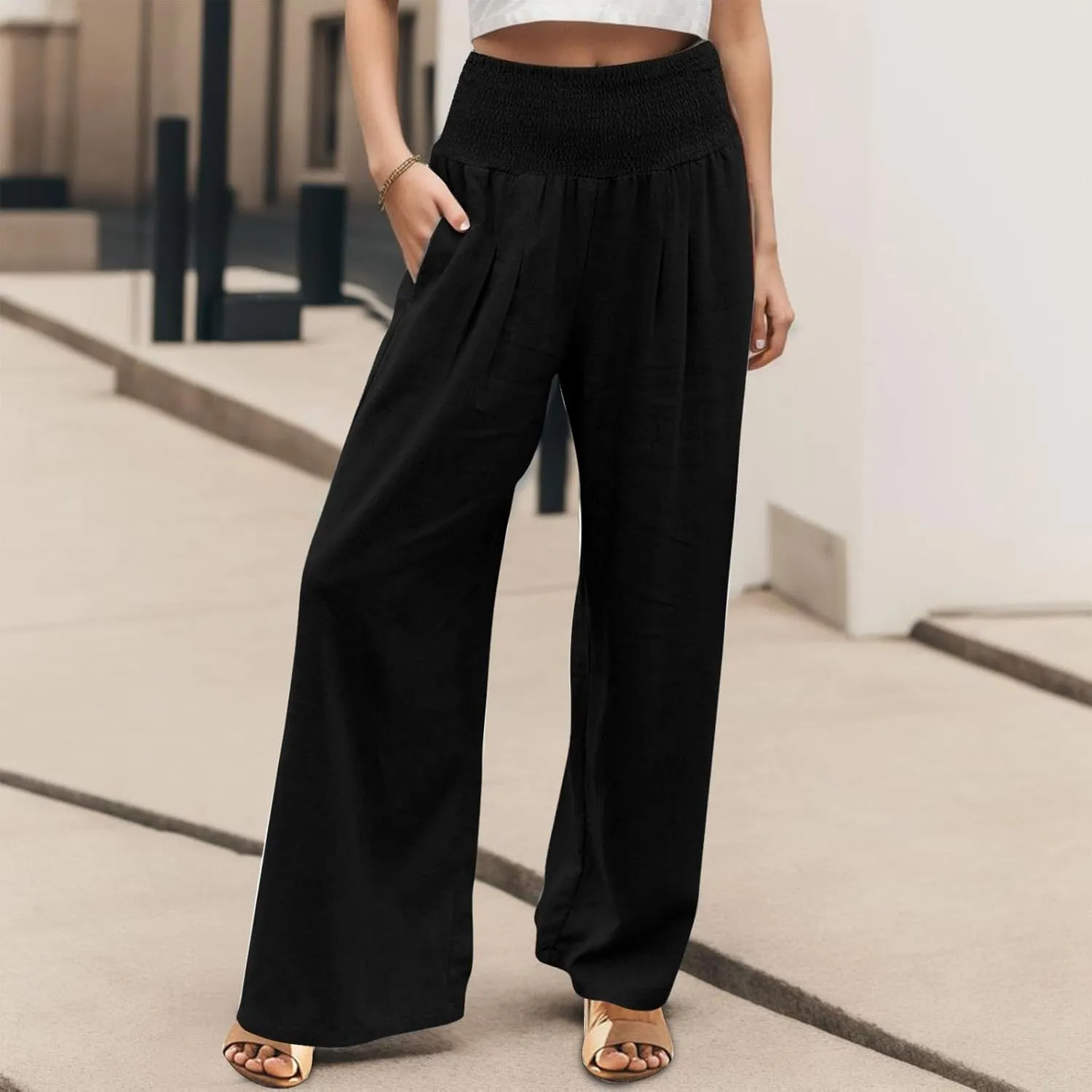 Women Linen Palazzo Pants Boho Wide Leg Casual Pants Lounge Trousers High Waist Straight Leg Comfy Pants with Pocket