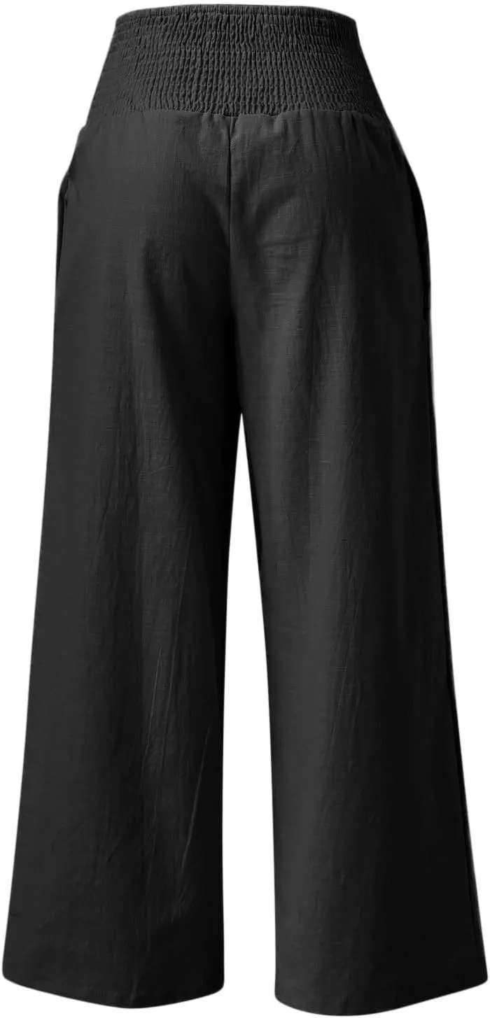 Women Linen Palazzo Pants Boho Wide Leg Casual Pants Lounge Trousers High Waist Straight Leg Comfy Pants with Pocket