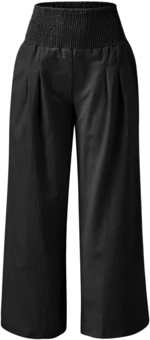 Women Linen Palazzo Pants Boho Wide Leg Casual Pants Lounge Trousers High Waist Straight Leg Comfy Pants with Pocket