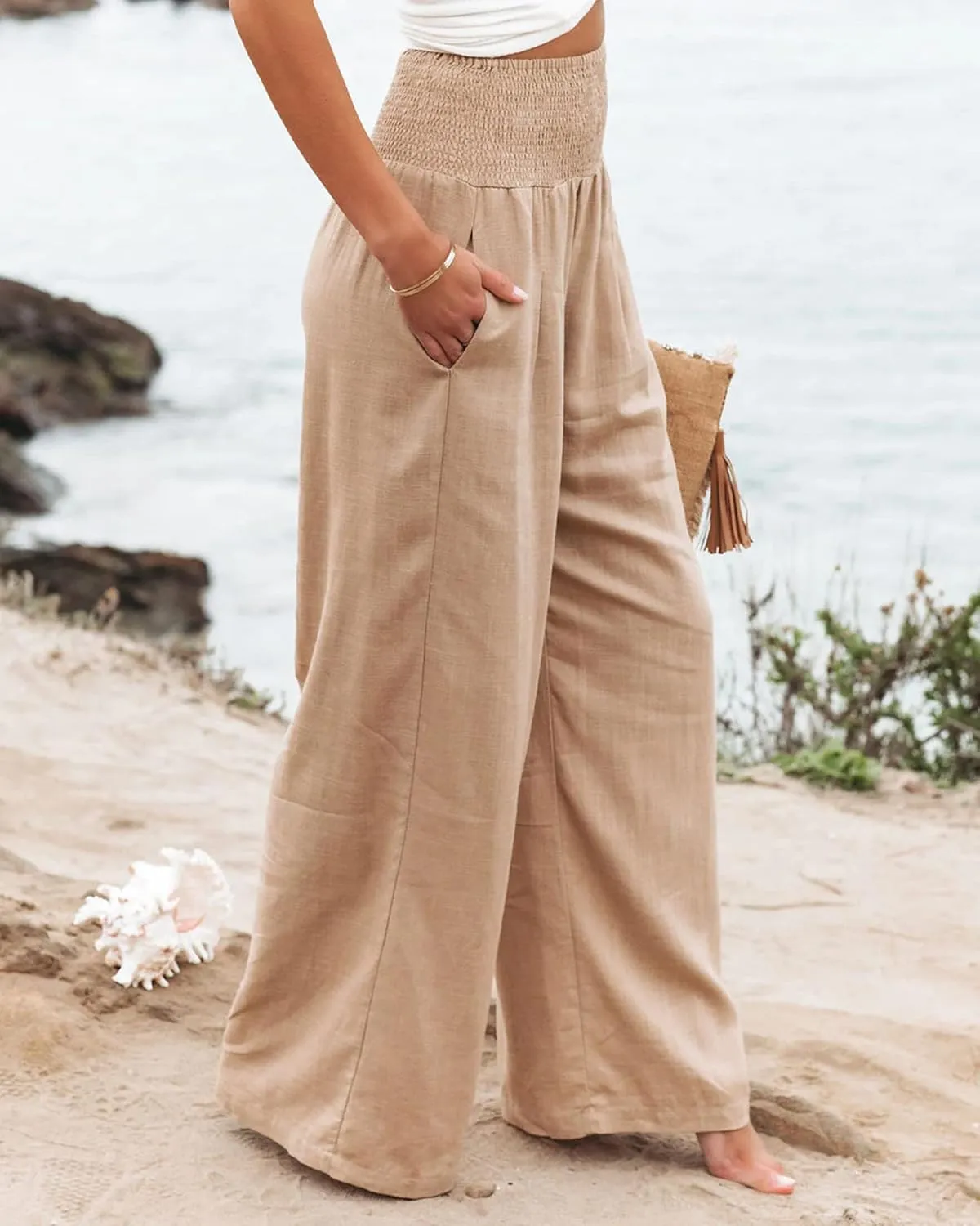 Women Linen Pants Elastic High Waist Wide Leg Palazzo Lounge Pants Casual Loose Beach Pants with Pockets
