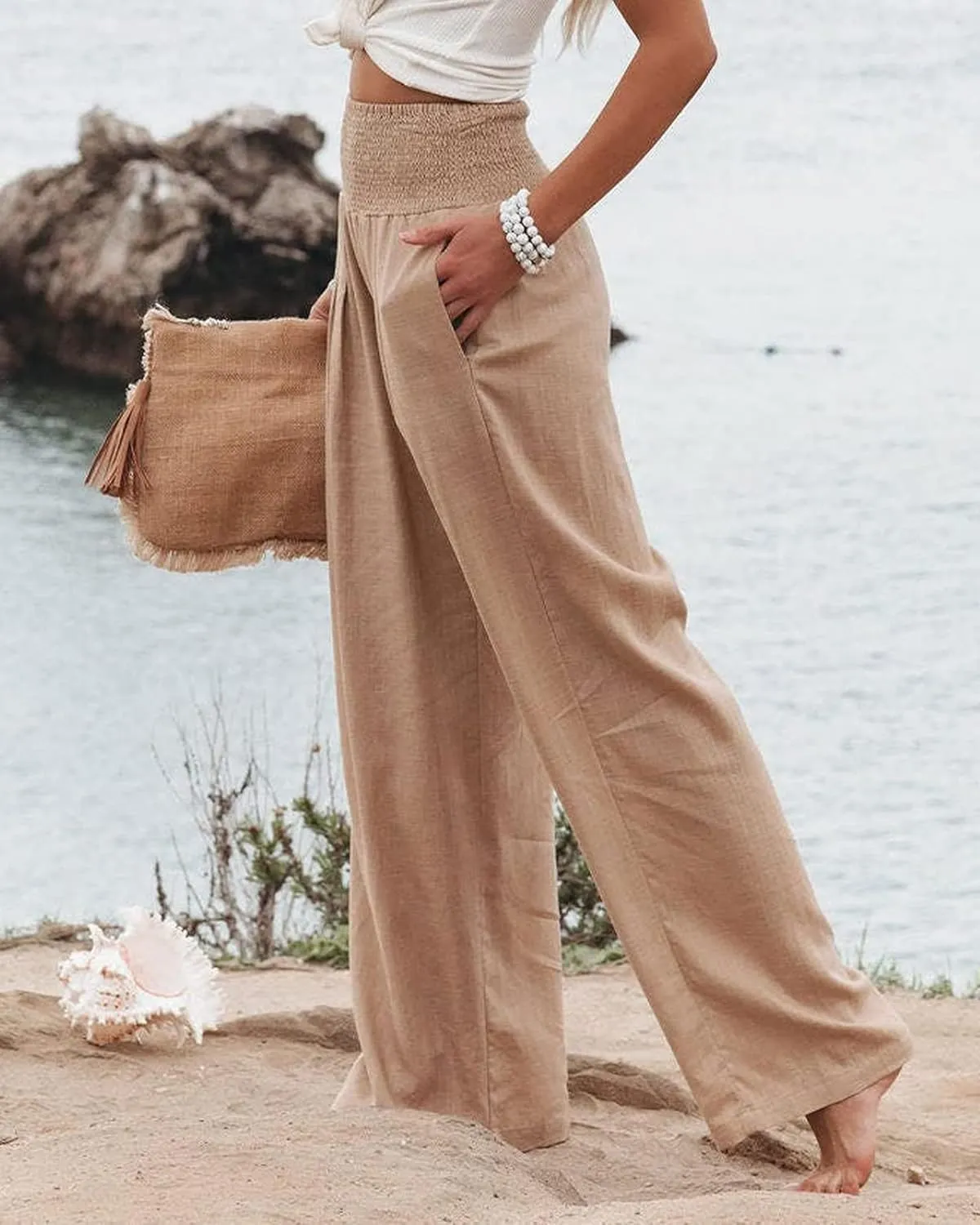 Women Linen Pants Elastic High Waist Wide Leg Palazzo Lounge Pants Casual Loose Beach Pants with Pockets