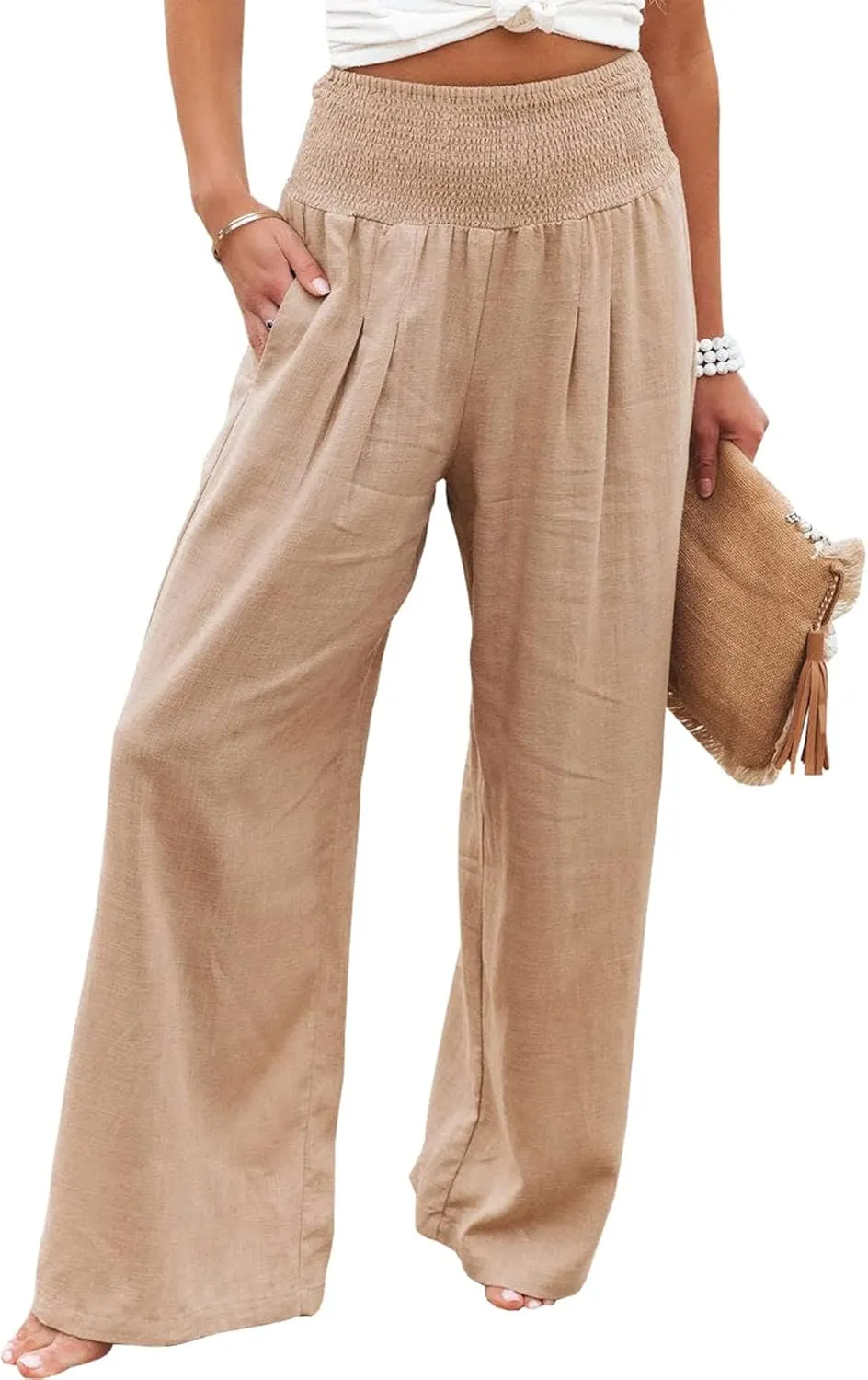 Women Linen Pants Elastic High Waist Wide Leg Palazzo Lounge Pants Casual Loose Beach Pants with Pockets