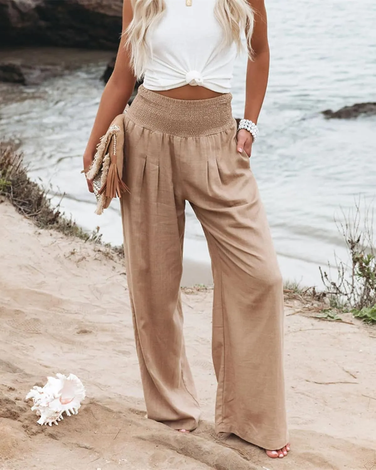Women Linen Pants Elastic High Waist Wide Leg Palazzo Lounge Pants Casual Loose Beach Pants with Pockets